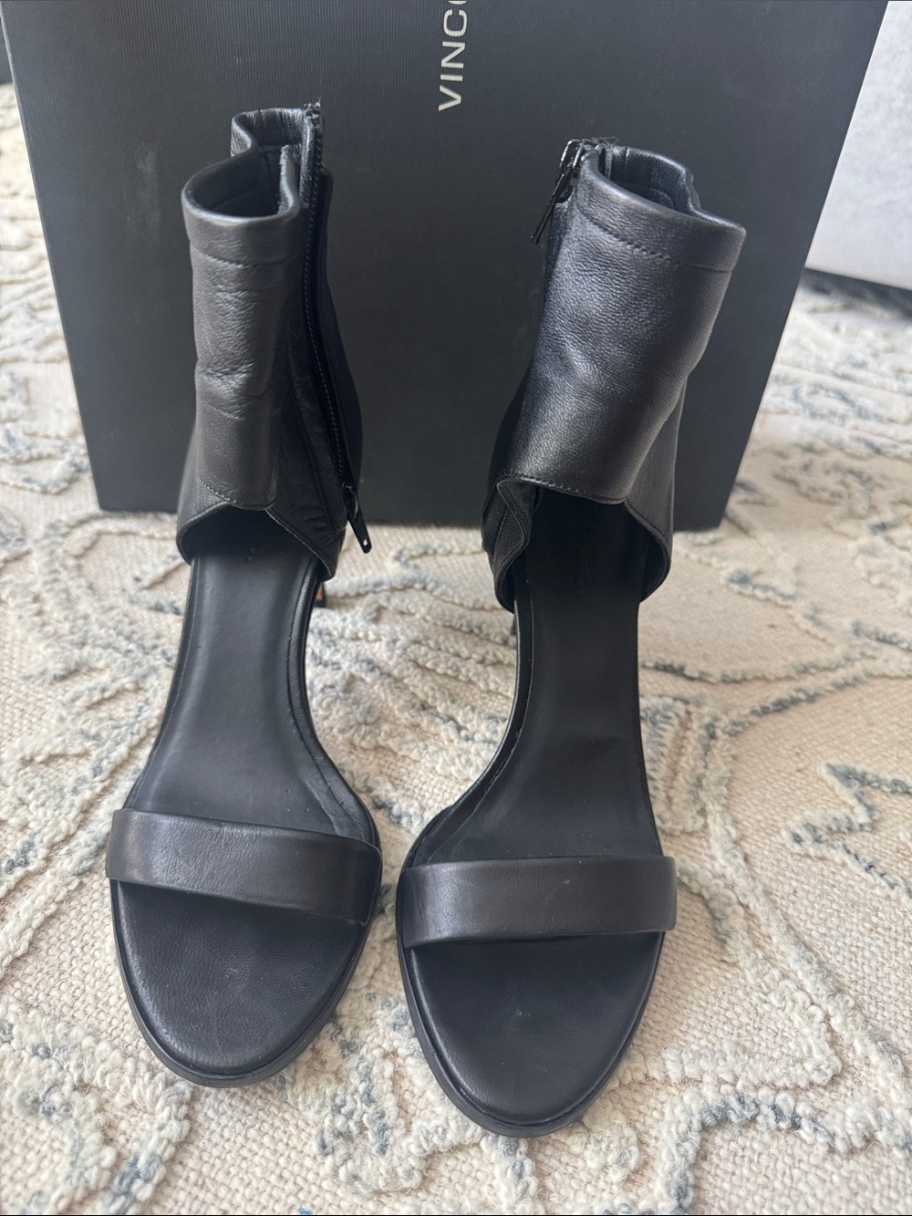 Vince Black Leather Zip-Ankle Open-Toe Heels